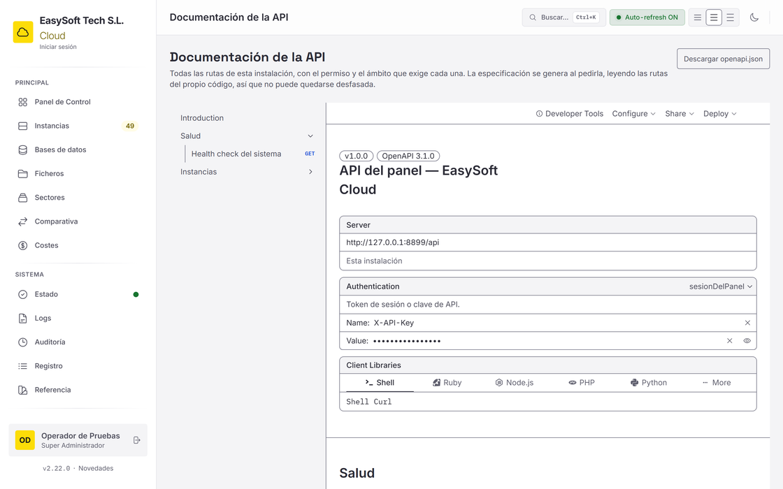 Aus dem Code generierte API-Dokumentation mit Berechtigung und Umfang je Route und Test-Button