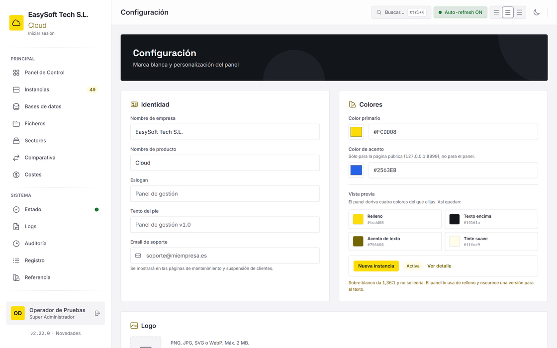 Einstellungsseite des Panels: Name, Logo, Farben und Support-E-Mail