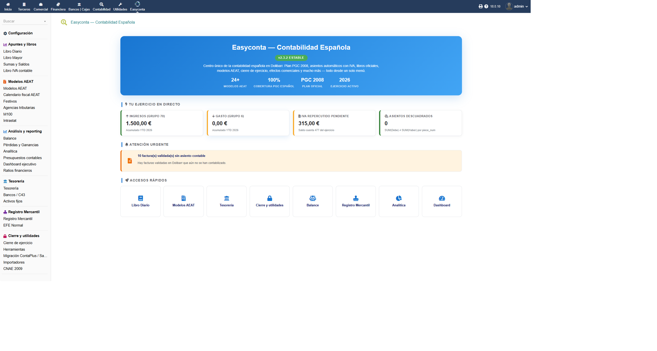 Hub de EasyConta: dashboard con Libro Diario, Mayor, modelos AEAT, tesorería, Registro Mercantil y cierre de ejercicio