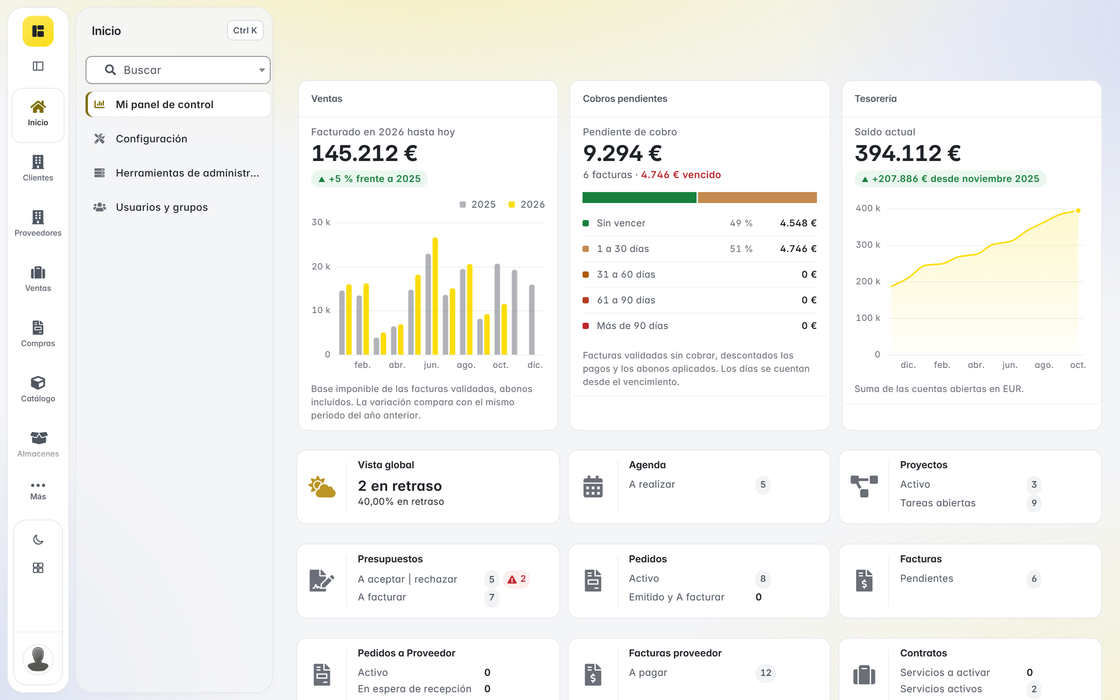 Inicio del ERP con tres paneles: ventas por mes frente al año anterior, cobros pendientes por antigüedad y saldo de tesorería