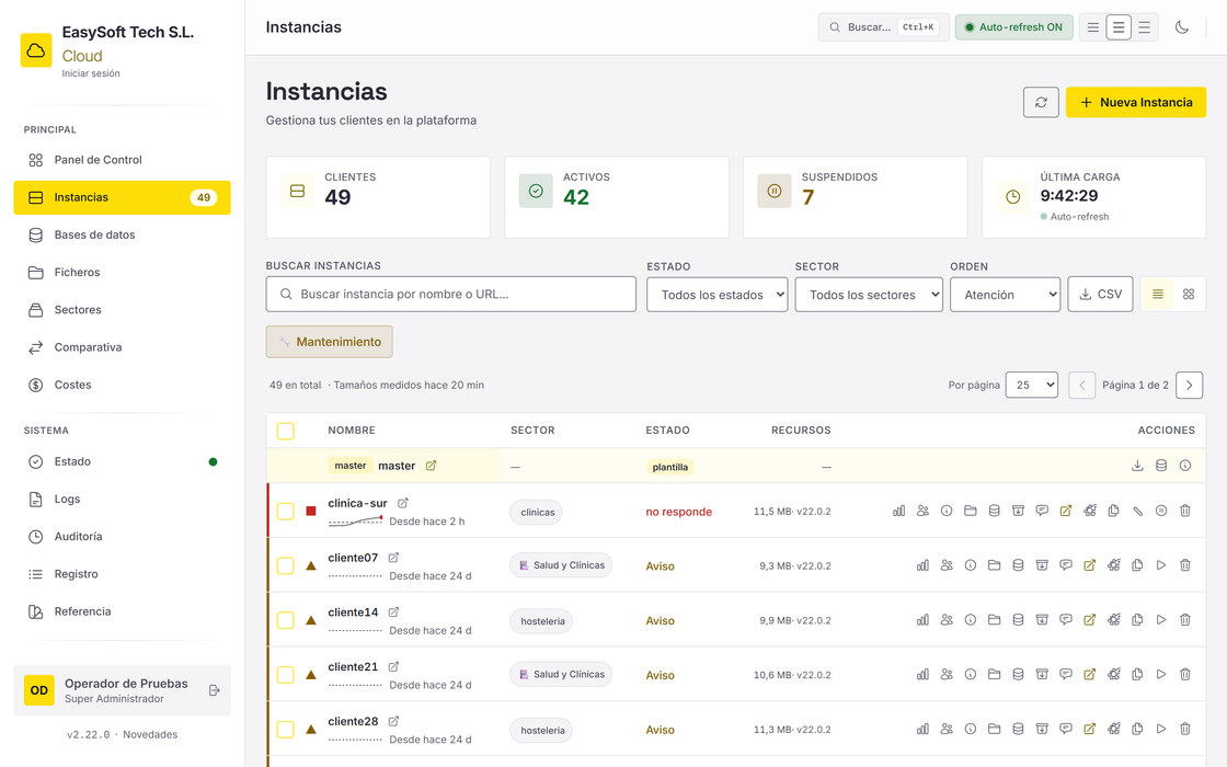 Instanzenliste mit Live-Status: Dolibarr-Version, letzter Zugriff und ob sie antwortet