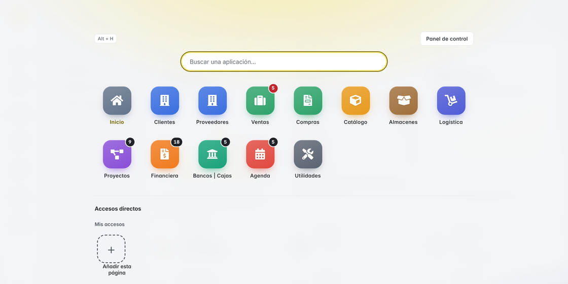 Lanzador con todas las secciones del ERP en iconos grandes y un buscador